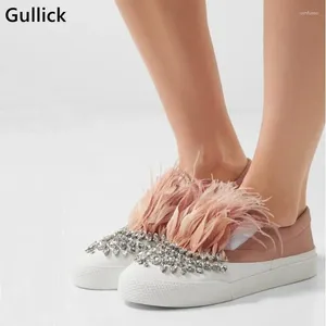 Casual Shoes European Style 2024 Pink Feather Bling Crystal Leather Woman Flats Bicolor Comfortable Silk Loafers Slip On Leisure Shoe