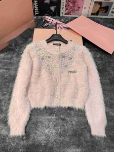 Sweet Style Heavy Industry Full Diamond Decoration Imitation Mink Hair Short Knitted Cardigan