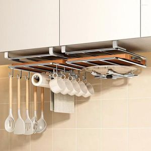 Cremalheiras de armazenamento de cozinha pendurado gabinete inoxidável suporte de papel capas de corte sob toalha placa pote armário rack com gancho aço