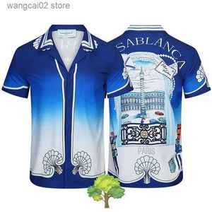 Men's Casual Shirts Gradient Blue Harajuku Casa Summer Suit Style Shirts High Quality Breathable Fashion Pocket Mens Shirts T240402