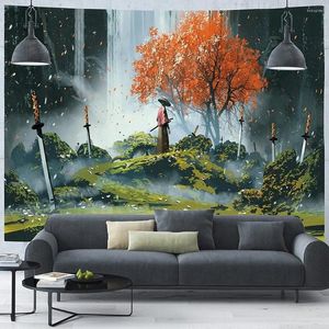 Tapisserier Fall Leaves Tapestry Autumn Tree Samurai Art Sword Affischer Cool Anime Bedroom Living Room Decor Wall Hanging