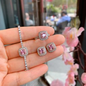 Set vintage quadrato rosa diamante orecchini zirconi cubici bracciale anello set di gioielli per donne accessori da sposa Encanto regalo moglie