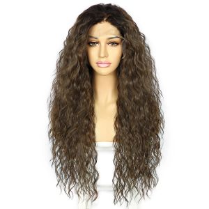 Peruki 2023 Autumn syntetyczna 13x3 koronkowa peruka przednia Ombre Roots Brown Kinky Curly Peruka miękka przezroczysta koronkowa peruka z przodu dla kobiet dziennie