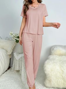 Hemkläder Kort ärmbyxor Pijamas kostym Kvinnlig 2st Pyjamas Set Loose Wear Loungewear Spring Summer Solid Green Sleepwear