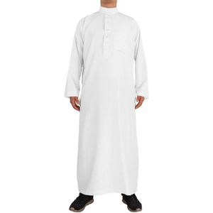 White Male Jubba Thobe Muslim Solid Color Robe Thobe Kaftan Long Sleeve Jubba Robe Islamic Pakistani Dubai Fashion Robes 240328