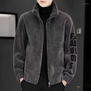 Giacche da uomo Inverno Uomo Integrato in pile di agnello Caldo pesante Coreano Moda Colletto alla coreana Addensare Manica lunga Cappotti casual grigi sciolti