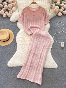 Work Dresses 2024 Korean Sweet Two Piece Set Women Short Sleeve Knitted Top Half Skirt Suits Summer Casual Elegant Outfits