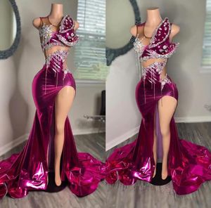 Fuchsia Pink Mermaid Prom Formalna sukienka dla kobiet czarna dziewczyna błyszcząca sheer crew szyja kryształowy z koraliki seksowne slit de festa wieczorne suknie