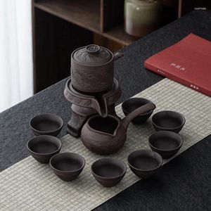 Conjuntos de chá Chinês Yixing Gongfu Conjunto de chá Serviço Automático Stone-Mill Pot Copos Presente para Cerimônia Festa Home Office Decor