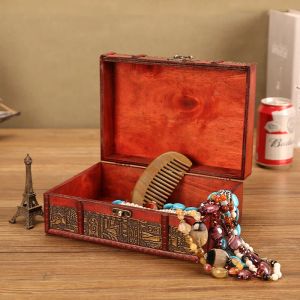 Ретро -бокс для хранения настольная ювелирная украшения косметическая отделка с блокировкой деревянная коробка фотография