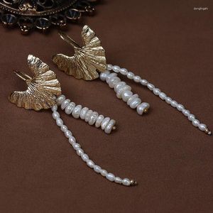 Dangle Earrings Tassel Shaped Baroque Natural Freshwater Pearl Gold Ginkgo Leaf Copper-Plated Silver Pin