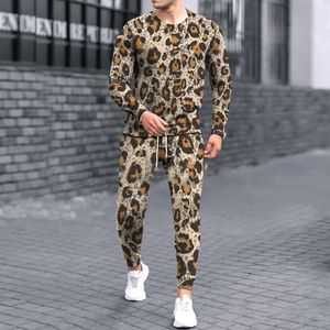 Bahar erkek 2 adet lüks uzun gömlek pantolon seti leopar baskı takım elbise erkek moda eşofman gündelik kıyafet vintage giyim 240326