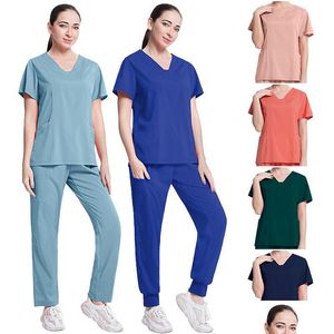 Womens Two Piece Pants Solid Color Spa Threaded Clinic Work Suits Tops Uni Scrub Pet Nursing Uniform Drop Delivery Apparel Clothing Se Dhlzy