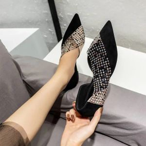 Lägenheter nya sexiga sidor ihåliga plattskor kvinnlig spetsig tå baotou rhinestone ihåliga singelskor loafers kvinnor damer platt skor