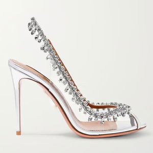 New Season Aquazzura Shoes Tequila Sandals 105 Sparkling Party Italy Clear Pvc Dress Shoes women Heels crysta buckle sexy strap 100% leather sole sandal with box