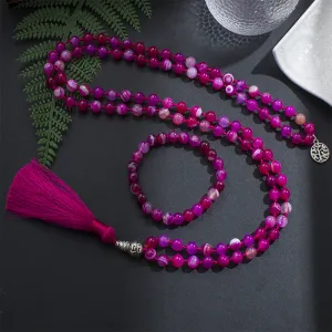 Halsketten 8mm Rose Rot gestreiftes Achat Mala Halskette 108 Japamala Perlenknoteted Meditation Yoga Spirituelle Lebensbaum Frau Schmucksets