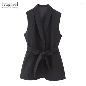 Women's Vests Ivogarel Sleeveless Belted Tuxedo Waistcoat With Shawl Collar Black Elegant Woman's Commuting Office Long Vest Traff 2024