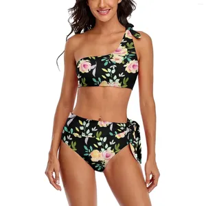 Women's Swimwear Watercolor Floral Print Bikini Swimsuit Pink And Peach Flowers High Waist Graphic Set Push Up Feminine Bikinis