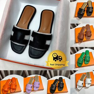 Designer sandaler claquettes läder låga klackar glider orange svartbrun lyxkvinnor sandale chaussure sommar snygga tofflor glid på strandskor 35-42 Sandale