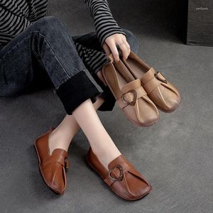 Casual Shoes Loafers Women Flats Leather Brown Ladies Handmade Girls Low Heels Soft Genuine Lazy Spring2024