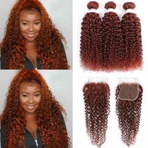 Wigs Kinky Curly Human Hair Bundles With Closure Auburn Brown 100% Human Hair Weave Bundles With Closure Brazilian Remy Hair Weft