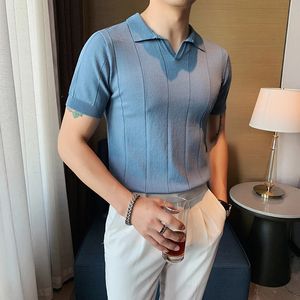 British Style POLO Shirts Men Knitting Short Sleeve Shirts Solid Color Lapel Business Casual Top Summer Social Clothing 240325