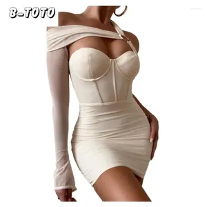 Lässige Kleider B-TOTO Kleid Sexy Oe-Schulter One-Shoulder-Mesh-Ärmel Rückenfreies Bustier Kurzer Frühling und Sommer für 2024
