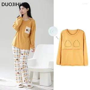 Home Clothing DuoJihui Yellow Fashion Printing luźna piżama dla kobiet Autumn O-Neck Chicly Bra Pullover Podstawowy zestaw spodni