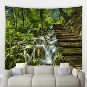 Tapestries Forest Waterfall Bohemian Tapestry Lake Green Planting Trees Spring Natural Scenery Wall Hanging Cloth Living Room Bedroom Decor