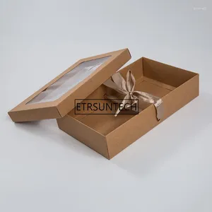 Confezione regalo 200 Pz / lotto 27x16x6 cm Scatola di presentazione di grandi dimensioni in carta Kraft con finestra in PVC trasparente Bomboniere Nastro di seta