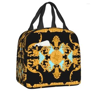 Storage Bags Seamless Pattern With Golden Baroque Thermal Insulated Bag European Floral Portable Lunch Tote Multifunction Food Box