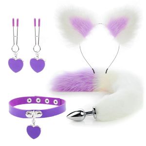 Collane Giocattoli del sesso anale Coda di volpe Butt Plug Peluche sexy Fascia per orecchie di gatto con campanelli Collana Set Massaggio Giocattoli sessuali per donne Coppie Cosplay