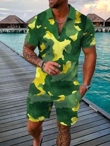 Abiti Hawaii 3D Animal Print Polo da uomo 2 pezzi Set Zipper Bavero Set CollarShorts Summer Holiday Man Clothing 240328