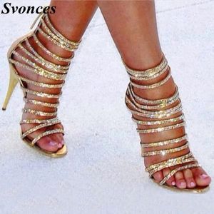 Elbise ayakkabıları altın kristaller açık ayak parmağı yüksek topuklu stilettos zarif rhinestones strappy sandalet gladyatör yaz topuk kadın düğün