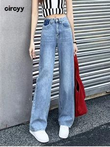 Women's Jeans Circyy Blue Spliced High Waisted Woman Denim Pants Streetwear Comfortable Fashion Wide Leg Straight Trousers