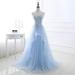 Medicine Light Blue Prom Dresses Long Sexy Sweetheart Aline Tulle Lace Applique Beaded Crystal Women Formal Party Gown