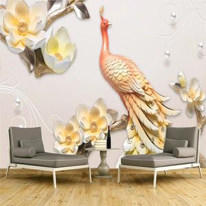 Wallpapers Custom Wallpaper 3D Large Wall Modern Minimalist Relief Peacock Magnolia Flower Background