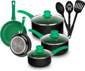 Köksredskap sätter krukor och kokkärlsset aluminium nonstick yngel gryta med lock sås panna redskap 11 stycken matlagning