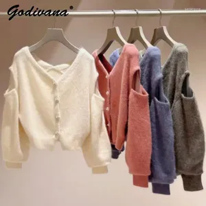 Malhas femininas cor sólida com decote em v cardigan camisola strass fivela fora do ombro malhas estilo japonês outono e inverno casaco de malha