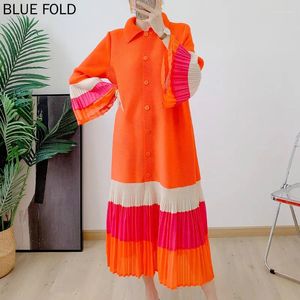 Casual Dresses MIYAKE PLEATS Long-Sleeved Pleated Dress Color-Block Cardigan Contrast Color Ruffled Style Spring And Summer