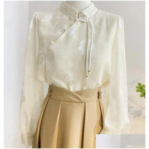 Blusas femininas camisas de alta qualidade estilo chinês levante-se botão de colarinho para primavera outono elegante jacquard chiffon tops drop entrega dh8zq