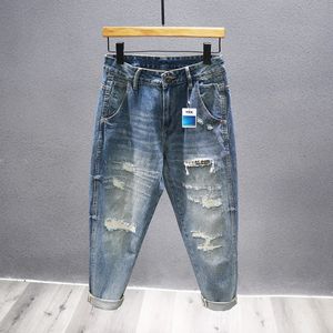 Streetwear Ripped Jeans for Men Spring Fashion Vintage Pants Loose Distressed Patch Motorcycle Holes Denim Trousers 240325