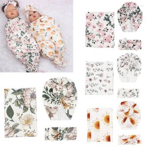 Cobertores 3pc Baby Floral Print Blanket Bamboo Fibra Born Swaddle com Bandinha de Capéu de Girada de Lapidação