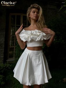 Work Dresses Clacive Sexy Slim White Satin Skirt Sets For Women 2 Pieces Summer Chic Crop Top With High Waist Pleated Mini Skirts Set Female