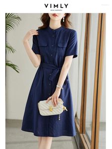 Party Dresses Vimly Navy Cotton Linen Shirt For Women 2024 Summer Elegant Office Ladies Stand Collar Short Sleeve Lace-up Casual Dress