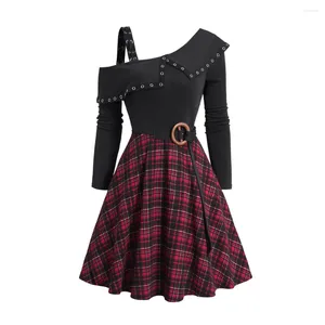 Casual Kleider Langarm Plaid Print Skew Kragen Mini Kleid O Ring Selbst-gürtel Öse Asymmetrische Volant Combo Vestido feminino