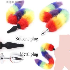 Outros itens de beleza da saúde Hotx Metal Metal Silicone colorido Rainbow Anal Plug Artificial Fur Fox Tail Butt Plug Masturbation Massager BDSM Role-playing Adult Y240402