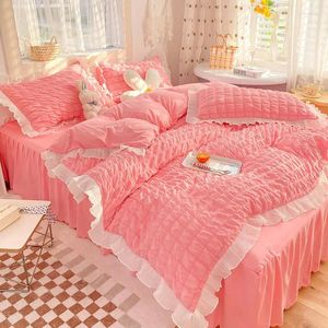 Conjuntos de cama estilo coreano seersucker cama saia de quatro peças estilo princesa feminino coração colcha capa de algodão lavado conjunto de três peças