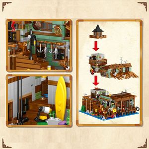 City Old Fishing Store Fisherman Cabin Wharf Model Building Blocks Village Wooden House Street View Mini Bricks MOC Toy Kid Gift