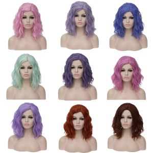 Perücken Vicwig Curly Cosplay Perücken für Frauen kurz blau lila rosa grün golden gelbe Seite Hitzebeständige Faser Synthetische Haare